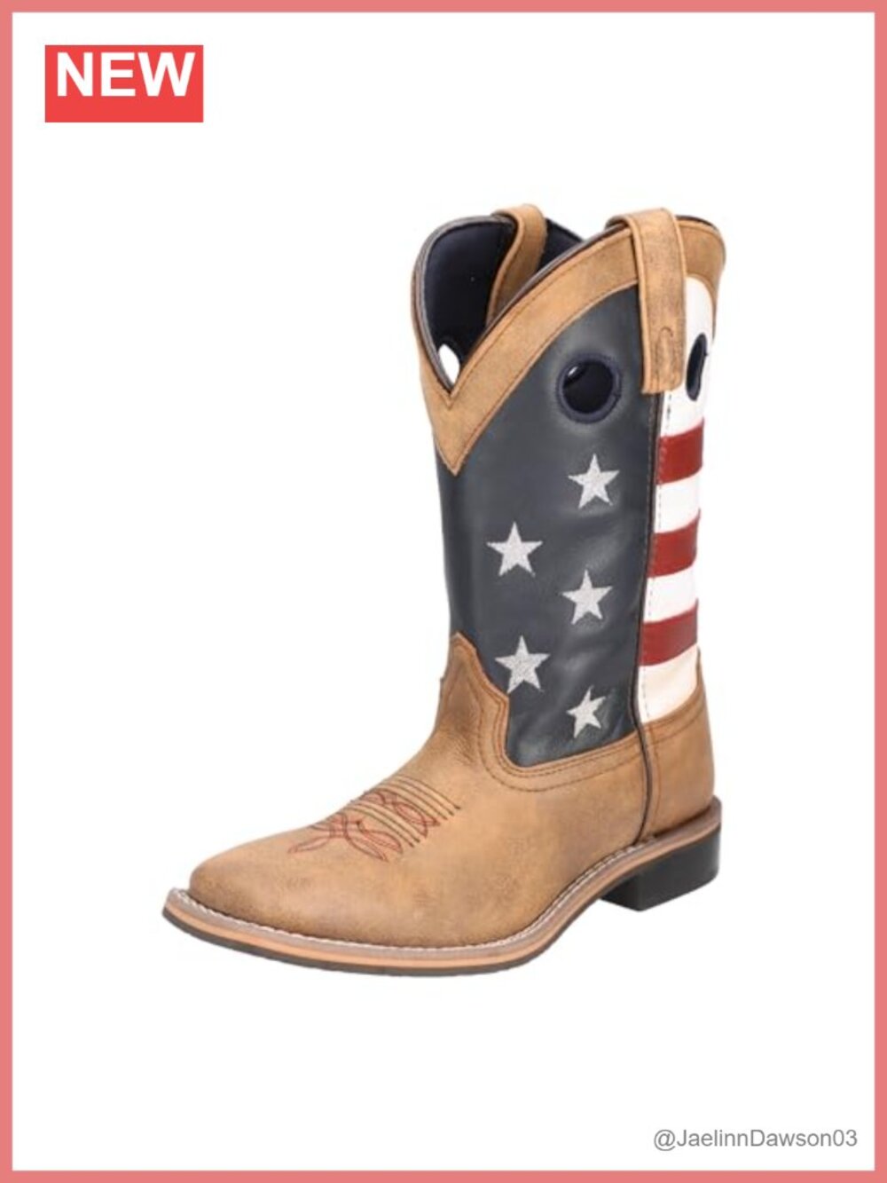 Genuine Leather Western Mid-Calf Boots, Stars/Stripes Design, Pull-On with